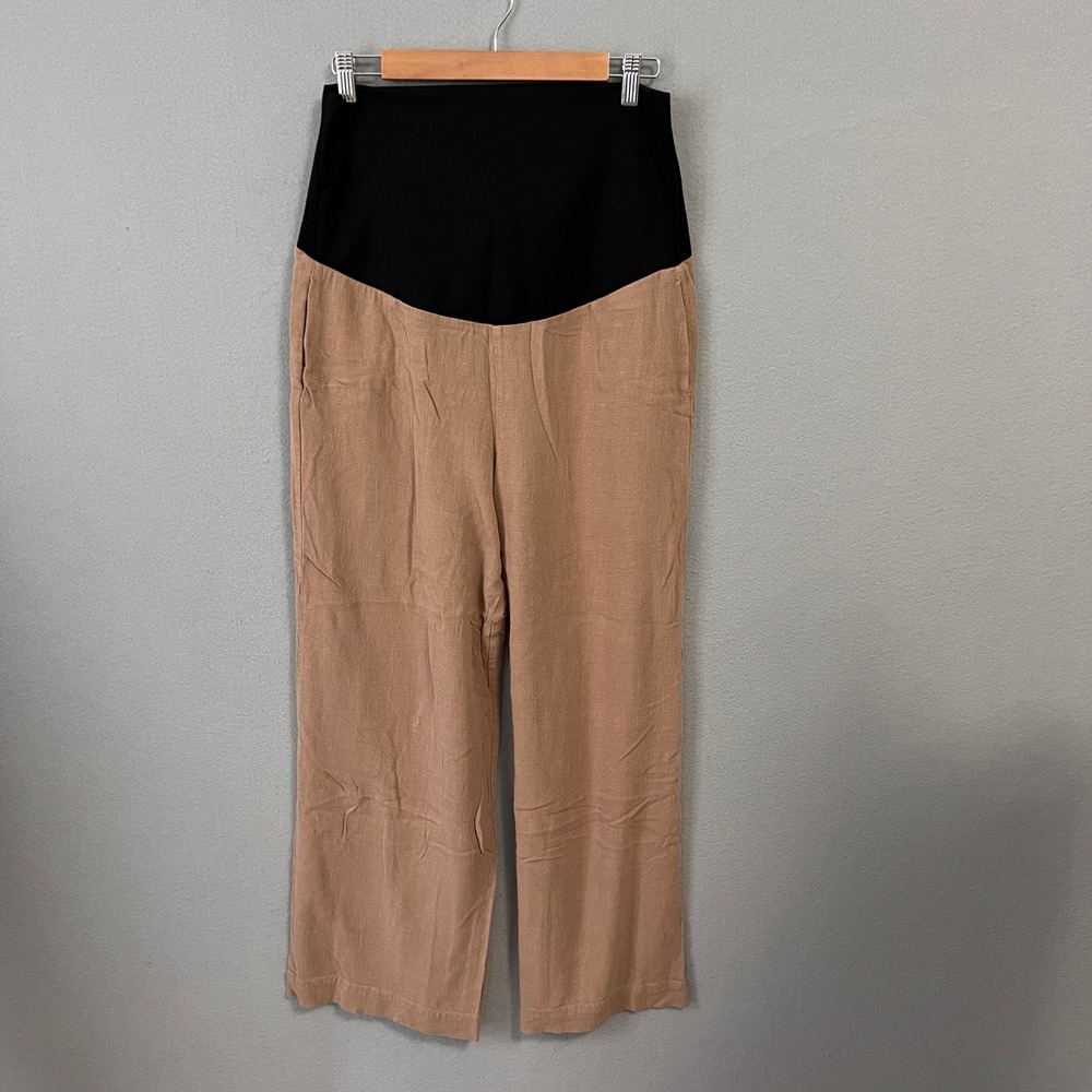 Tribal Maternity Pants Women M Tan Linen Blend Wide Leg Comfort Trousers